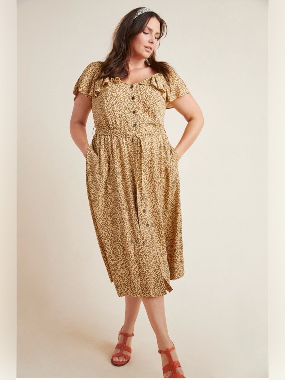 Anthropologie Bolano Cheetah Leopard Print Button Front Midi Dress Size 14 EUC